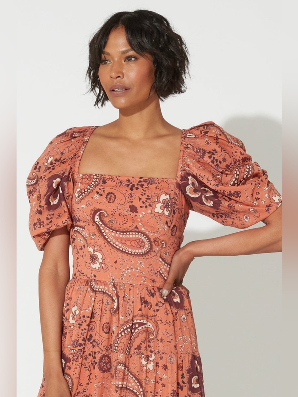 Cleobella Brielle Midi Dress S Rhode Paisley Organic Cotton Puff Sleeve Boho - Picture 2 of 13